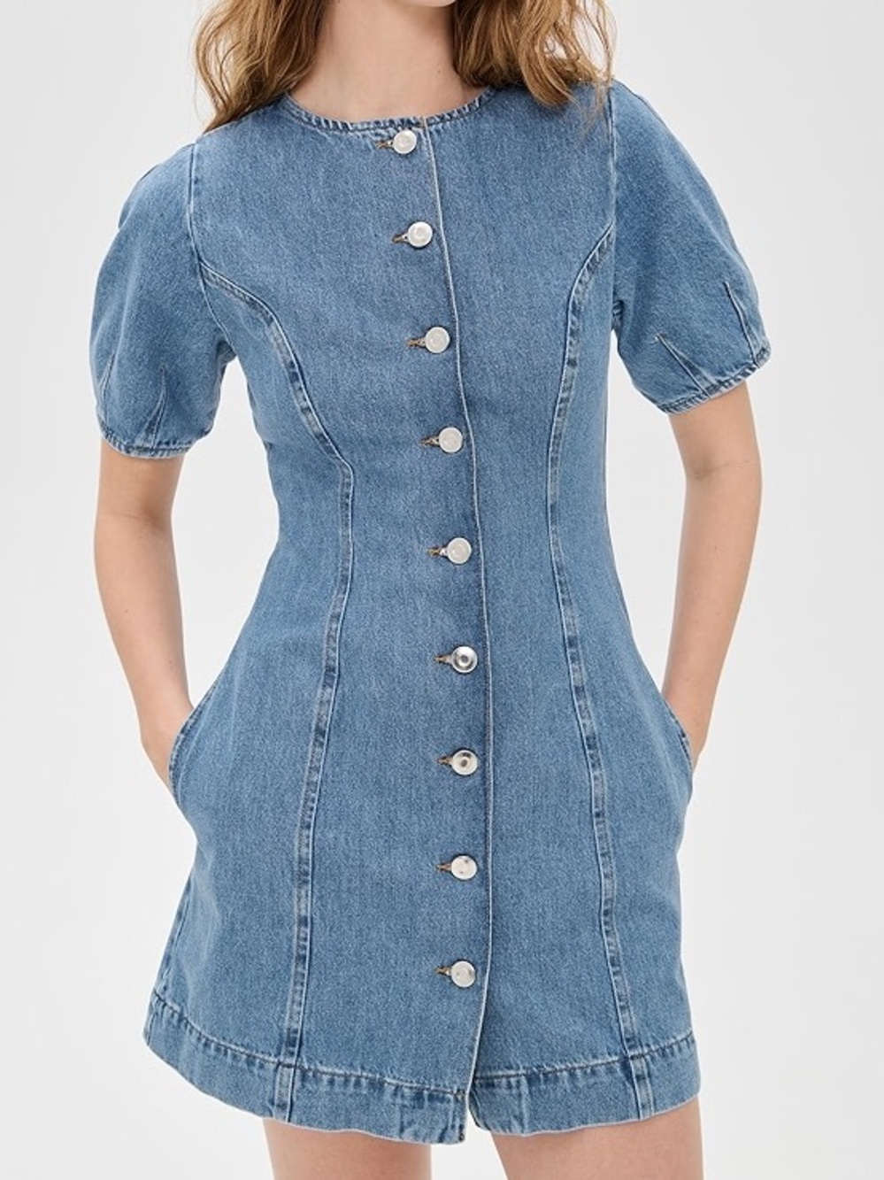 ALIGNE Aurelia Waisted Denim Mini Dress Anthropologie blue button size 12